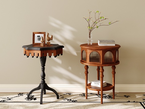 复古实木边几 法式圆几角几 沙发边几 小茶几su模型