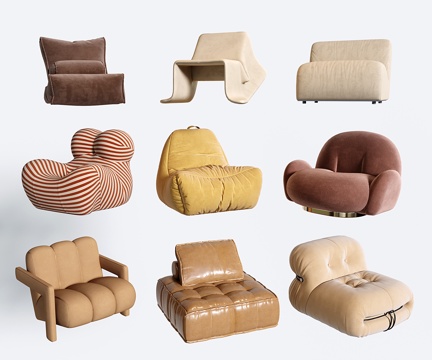 奶油风单人沙发 现代懒人沙发 休闲椅su模型