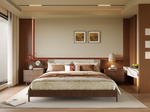 现代卧室 双人床su模型