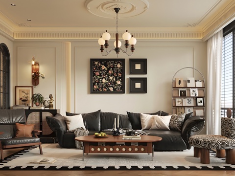 法式复古客厅背景 法式中古客厅沙发 法式复古沙发组合 法式复su模型