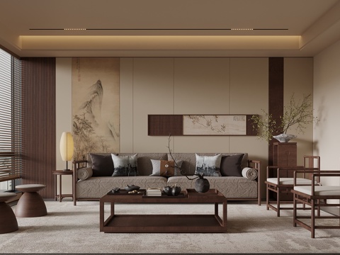 新中式客厅su模型