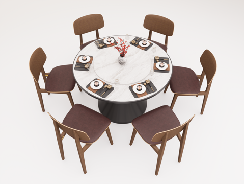 现代餐桌椅组合 圆形餐桌椅 多人餐桌椅 中古风餐桌椅su模型