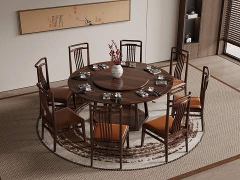 新中式餐桌椅su模型