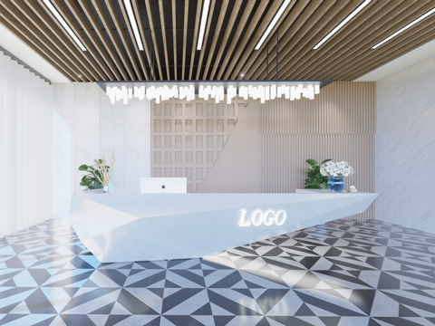 现代简约办公室前台接待台su模型