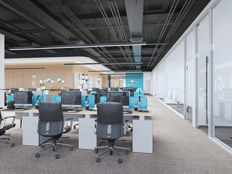  员工办公室 敞开办公室 裸顶办公室  办公柜 工业管道模型3d模型 