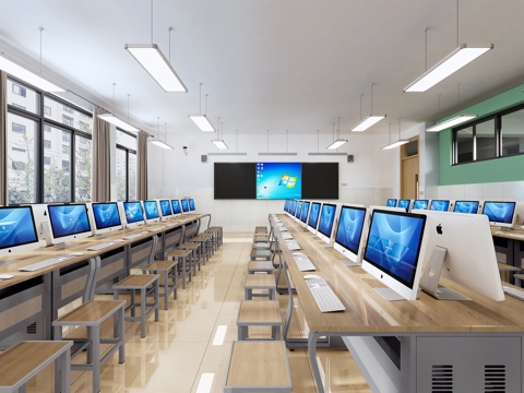  电脑教室  信息教室  微机室  黑板   电脑课程3d模型 