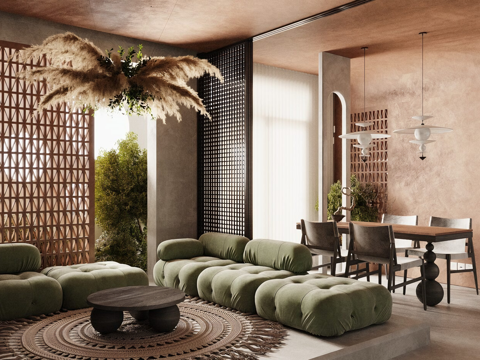  现代自然风客餐厅 侘寂客餐厅 悬挂蒲苇绿植造型吊灯3d模型 