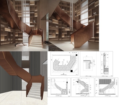 售楼部扶手楼梯 展厅楼梯  仿铜不锈钢步梯 步梯节点cad施工图