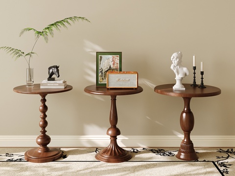 法式实木边几 复古圆几 角几 小茶几 沙发边几su模型