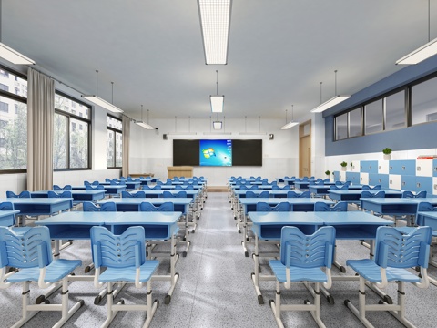  小学教室   小学课桌椅    储物柜  教室吊灯  课桌黑3d模型 