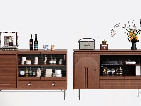 复古餐边柜 中古边柜su模型