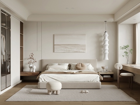 侘寂奶油家居卧室 布艺双人床su模型