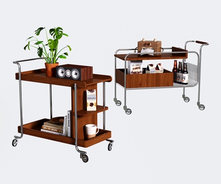 复古沙发边几 不锈钢移动边几 小推车边几 收纳边柜su模型