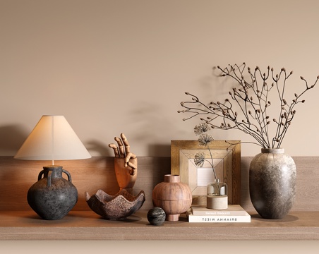 中古侘寂饰品摆件 干支花艺 装饰画 台灯 瓦罐su模型