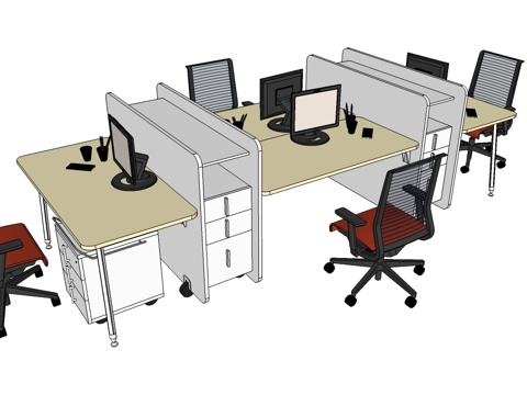办公桌 办公椅 文件柜 员工办公桌su模型