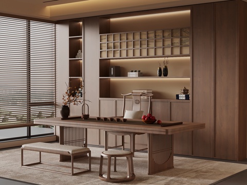 新中式茶室 茶桌椅 茶柜su模型