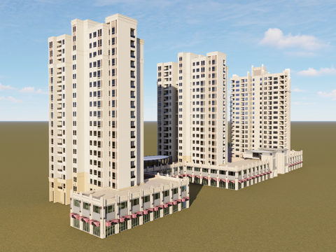 现代简约法式住宅楼裙楼商住一体su模型