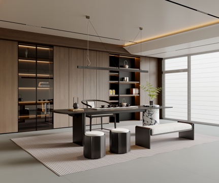 现代意式茶室 茶桌椅 吊灯 茶柜 装饰柜 地毯3d模型