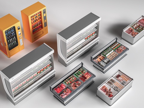 现代超市冷柜 超市冰柜 冷鲜肉冰柜 冻品区 冷藏货架su模型