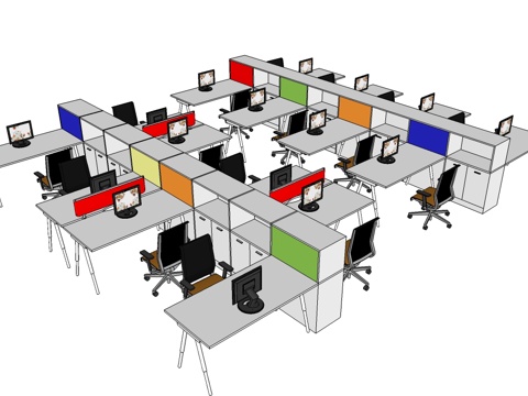 员工办公桌 办公椅 文件柜 屏风办公桌su模型
