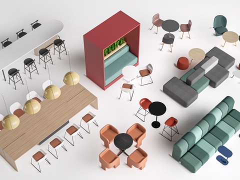 现代茶水间桌椅 公司休息区桌椅 吧台桌椅 休闲桌椅su模型