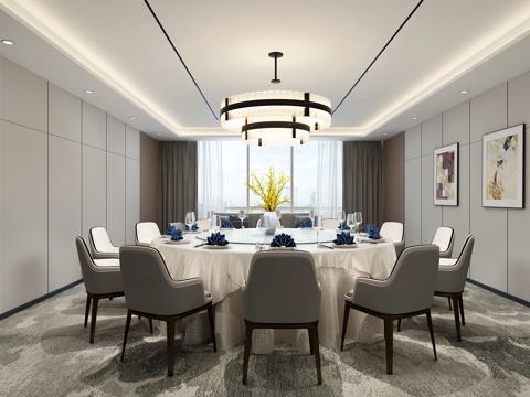  现代餐厅包间 包厢 吊灯 装饰画 餐桌椅3d模型 