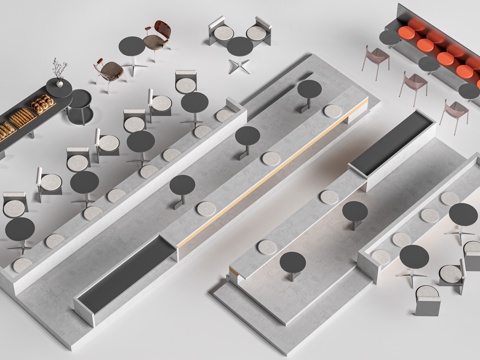 现代咖啡厅桌椅 奶茶店桌椅 台阶桌椅 卡座su模型