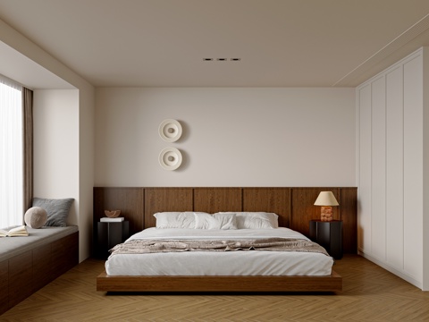  中古风侘寂卧室 中古风双人床 衣柜  中古床头柜 台灯 主卧3d模型 