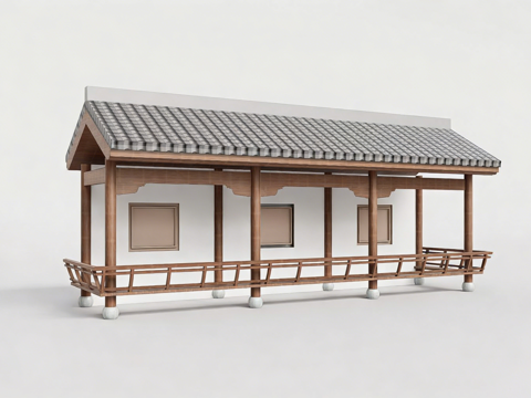 传统连廊 古建风雨廊​ 中式长廊 园林建筑小品 深棕木结构su模型