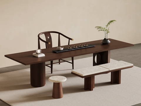 新中式茶桌椅su模型