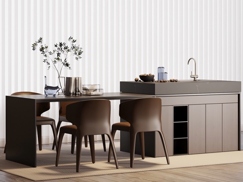 现代意式岛台 开放式餐桌su模型