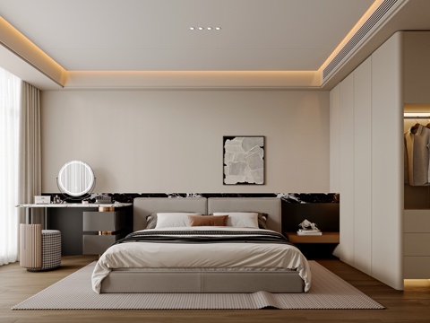  现代简约卧室 主卧 梳妆台 衣柜 布艺双人床 挂画 卧室摆件3d模型 