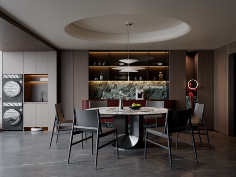 现代意式餐厅 餐桌椅 吊灯 餐边柜 酒柜su模型