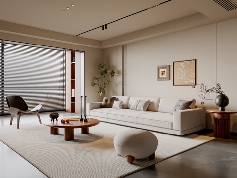 中古风客厅 沙发茶几 三人沙发 休闲椅 挂画 地毯su模型