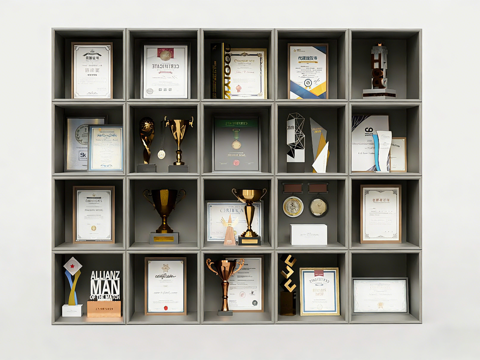 现代简约企业荣誉墙 奖杯证书奖状 证书展示柜su模型