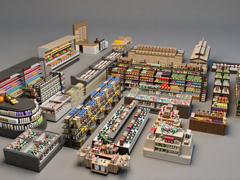 生鲜超市 货架 货柜 水果摊 水果架 商品百货 零食货架su模型