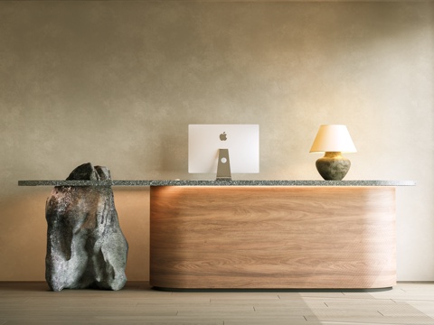 中古风前台 中古风 前台 接待 侘寂前台 收银台 花瓶花艺su模型