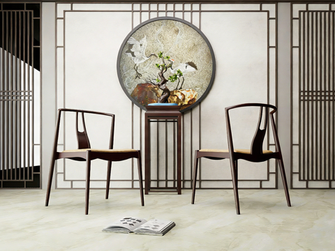 新中式圈椅 禅椅 茶椅 松鹤图 圆形装饰画 盆景 高脚花几su模型