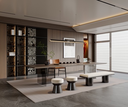 现代意式茶室 茶桌椅 吊灯 茶柜 装饰柜 地毯su模型