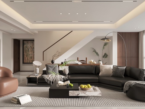  中古客餐厅 开放厨房 卧室 书柜 干区3d模型 