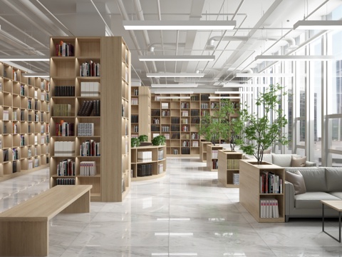  现代图书馆 图书咖啡吧 阅览室 自习室 书吧 书店3d模型 