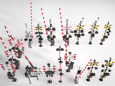 现代火车信号灯 火车红绿灯 铁轨道闸 铁轨警示牌su模型