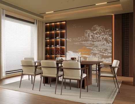 新中式餐厅 餐桌椅 餐椅su模型