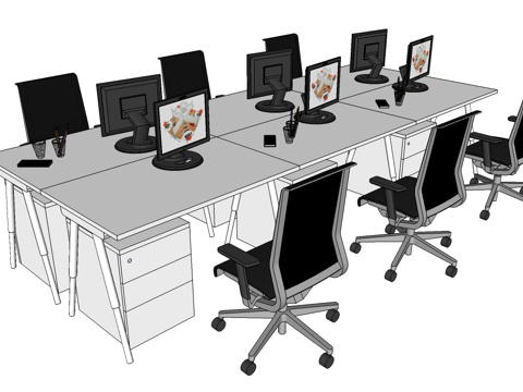 员工办公桌 办公椅 文件柜 屏风办公桌su模型