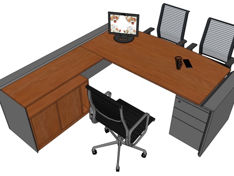 班台桌 办公桌 办公椅 活动文件柜免费su模型