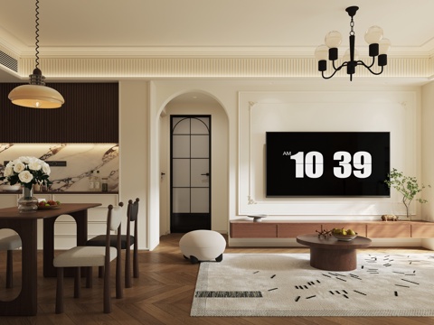  中古 奶油 法式  客餐厅3d模型 