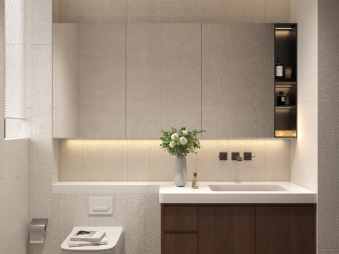 老钱风意式卫生间 新中式浴室柜 墙排壁挂式马桶 卫生间镜柜饰su模型