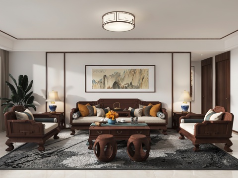  中式客餐厅 开放厨房3d模型 