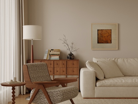 中古风休闲椅 斗柜 落地灯 装饰画su模型