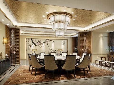  新中式餐厅 酒店餐厅包房餐桌椅 吊灯 壁灯 台灯 挂画3d模型 
